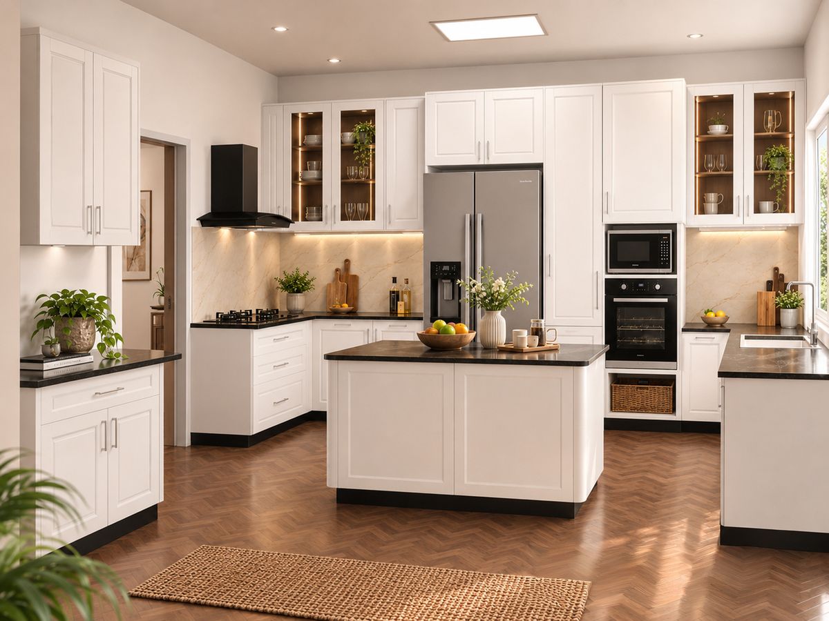 Simple Grey Kitchens Transitional Grey L-Shaped Kitchen Design with Glassware Cabinets ...