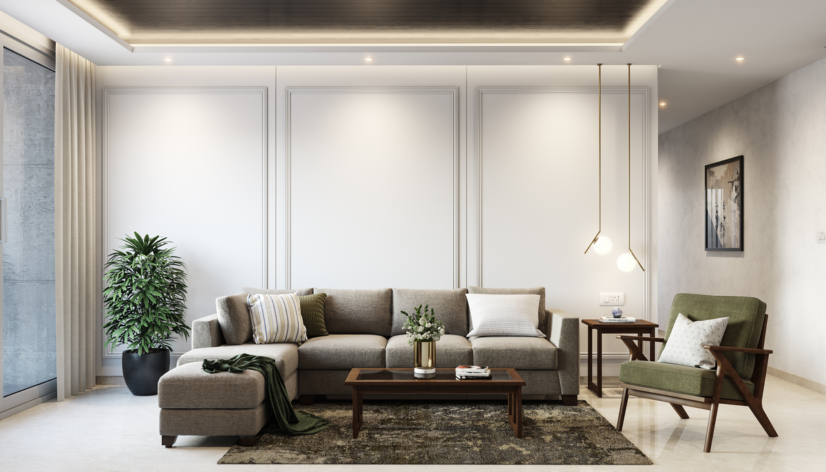 Convenient Spacious Modern Earthy Toned Living Room Design | Livspace