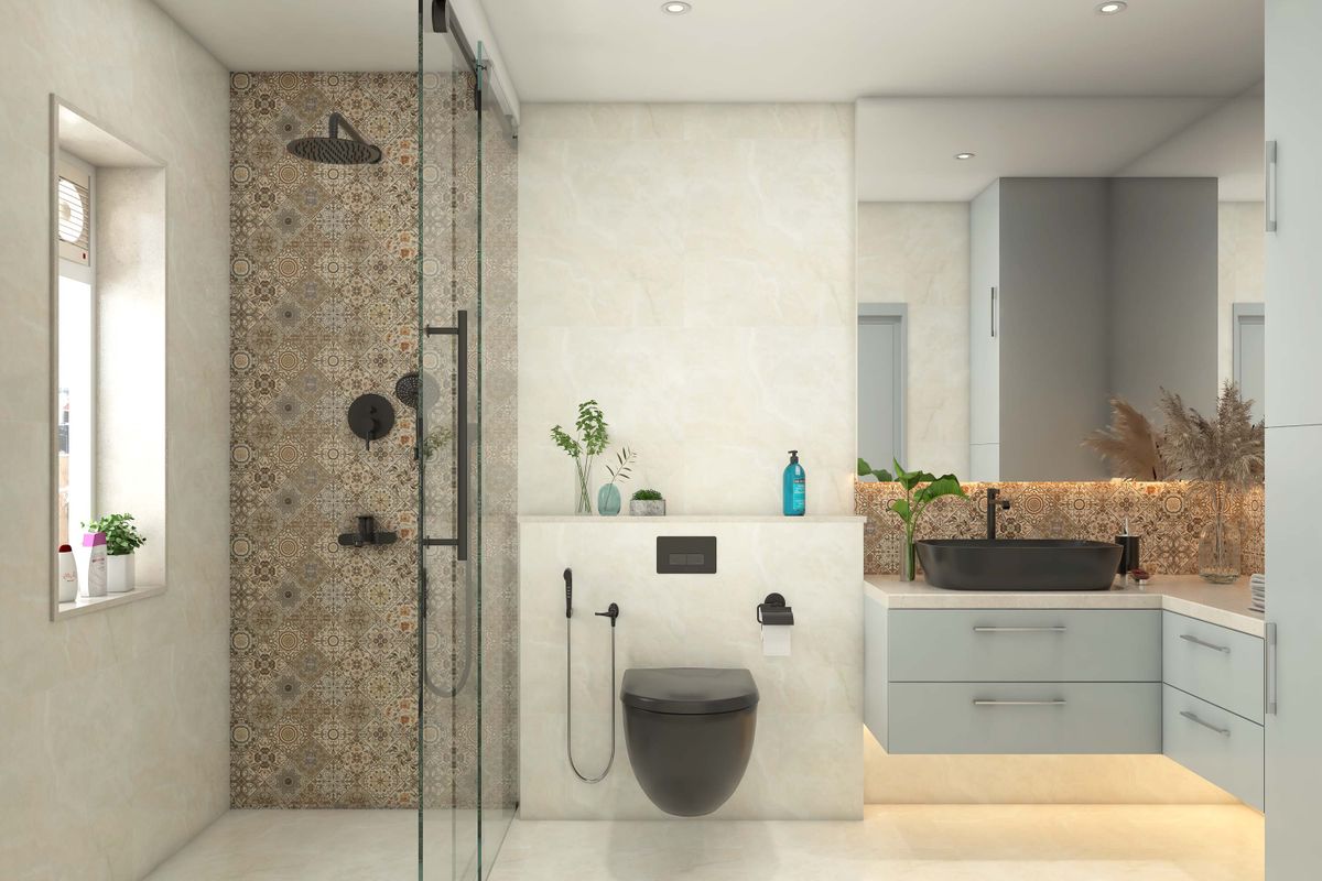 Contemporary Bathroom Design With White And Blue Shades | Livspace