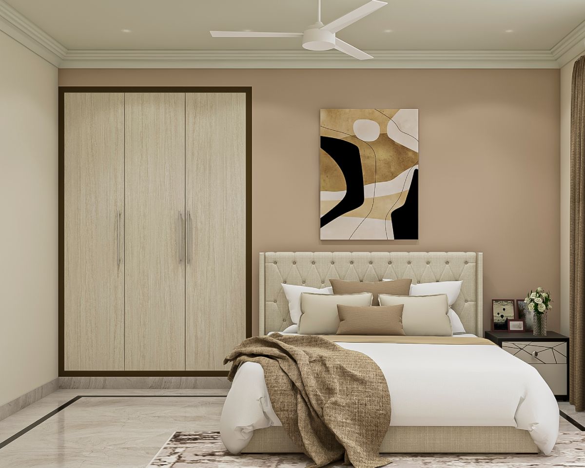 Spacious Guest Bedroom Design With Beige Tufted Headboard And Wardrobe ...