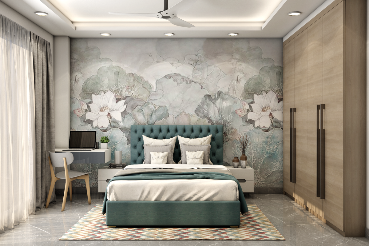 Spacious Guest Bedroom Design With Floral Wallpaper | Livspace