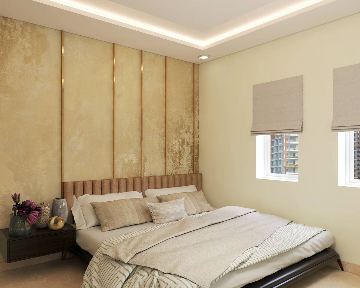 Spacious Guest Bedroom Design With Cream Wallpaper And Golden Trims ...
