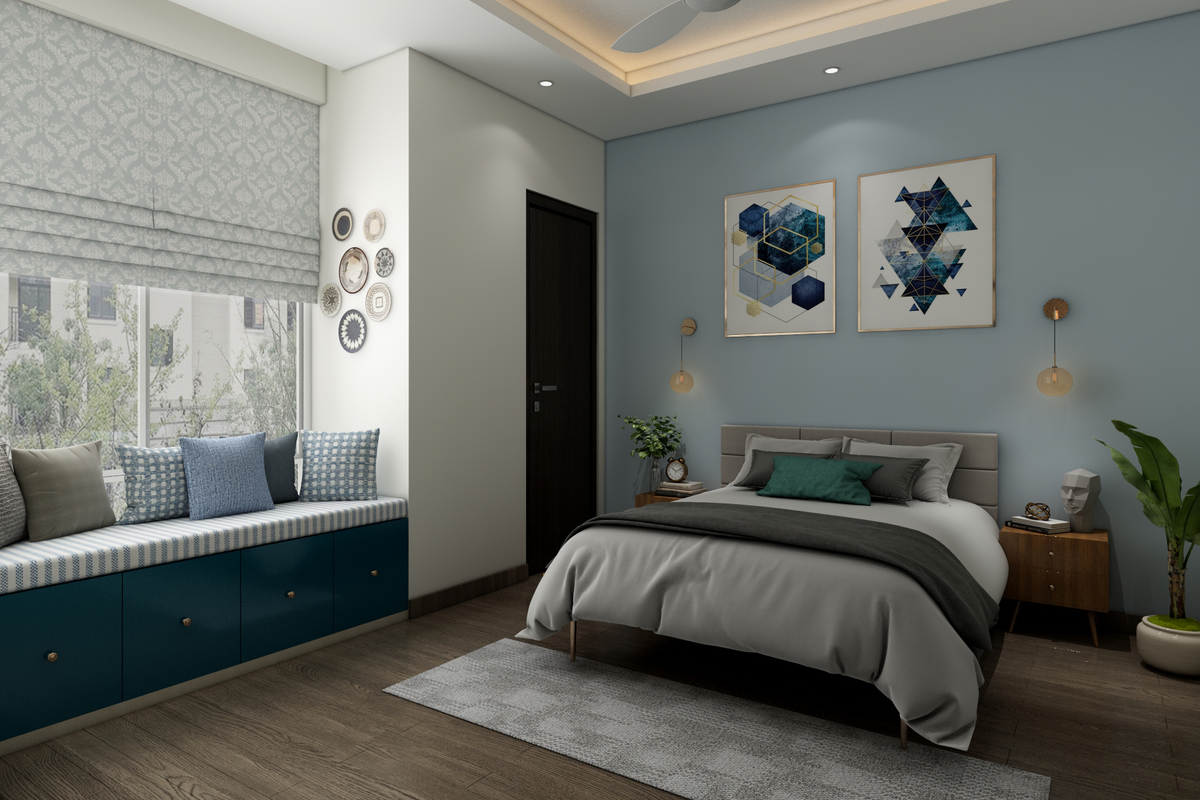Modern Guest Bedroom Design With Grey Tufted Headboard And Window ...