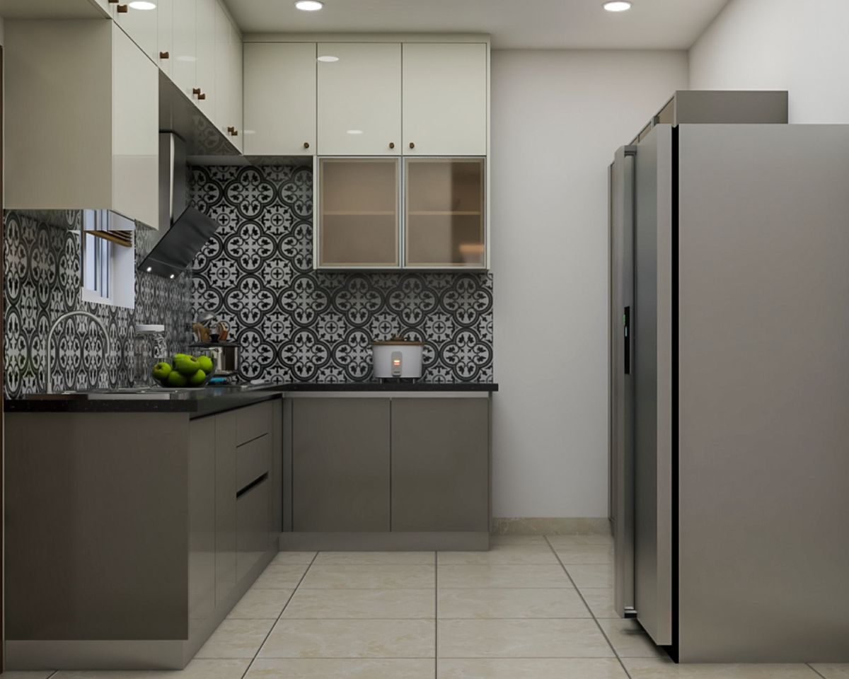 Modern L-Shaped Kitchen Design With Glass Shutters | Livspace