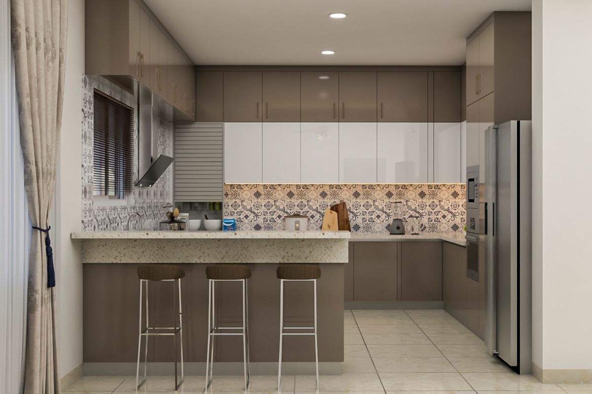 Spacious Modular Kitchen Designs With Brown And White Storage Cabinets ...