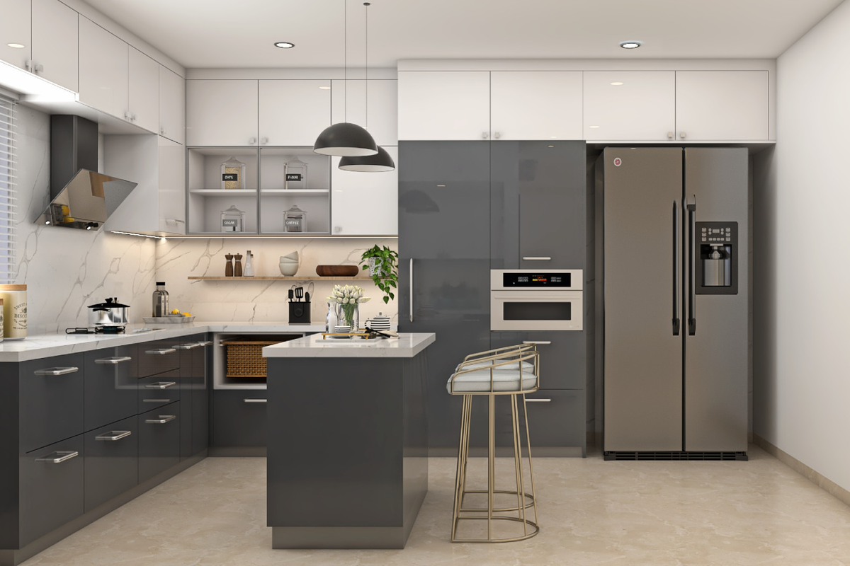 Modular Spacious Kitchen Designed With Breakfast Table | Livspace