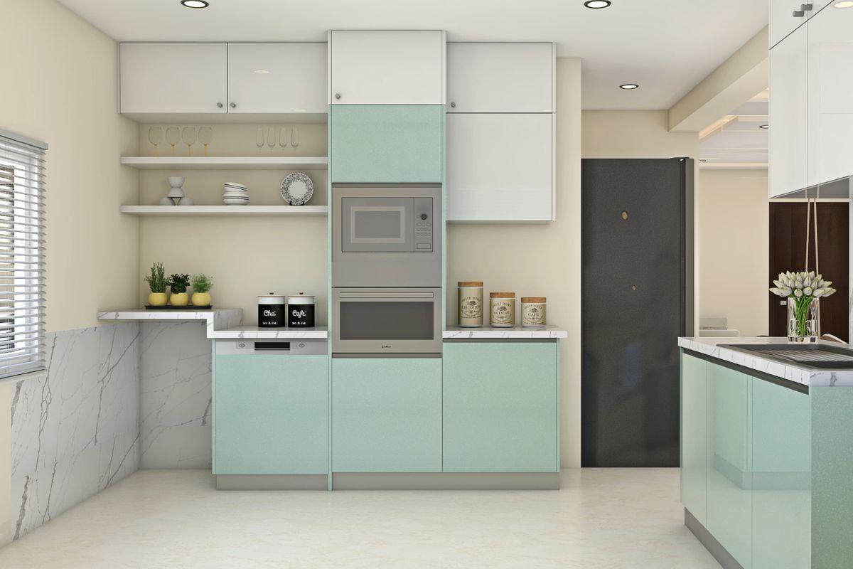 Modern Kitchen Design With Aesthetic Green And White Cabinets | Livspace