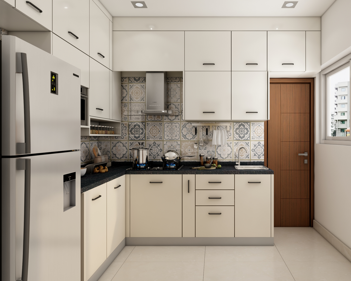 Compact Kitchen Design With Black Counter | Livspace