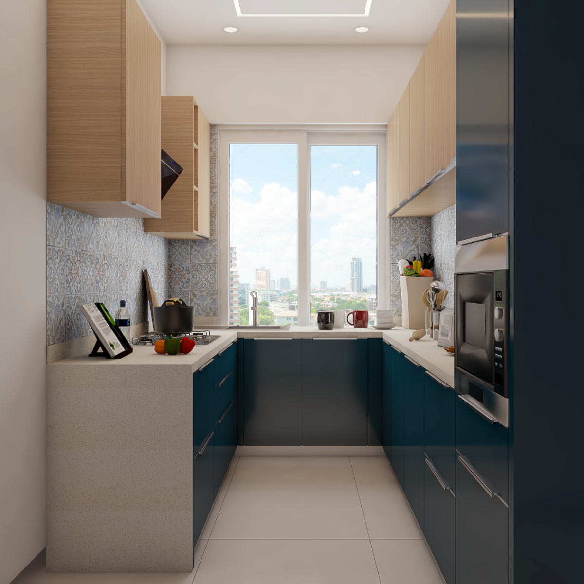 Dark Blue Modern Compact U-Shaped Kitchen Design Idea | Livspace