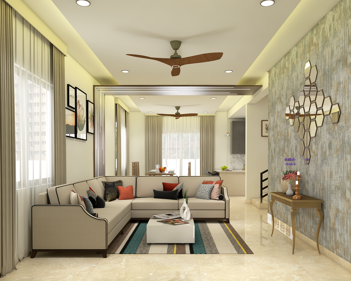 Convenient Spacious Living Room Design with L-shaped Sofa | Livspace