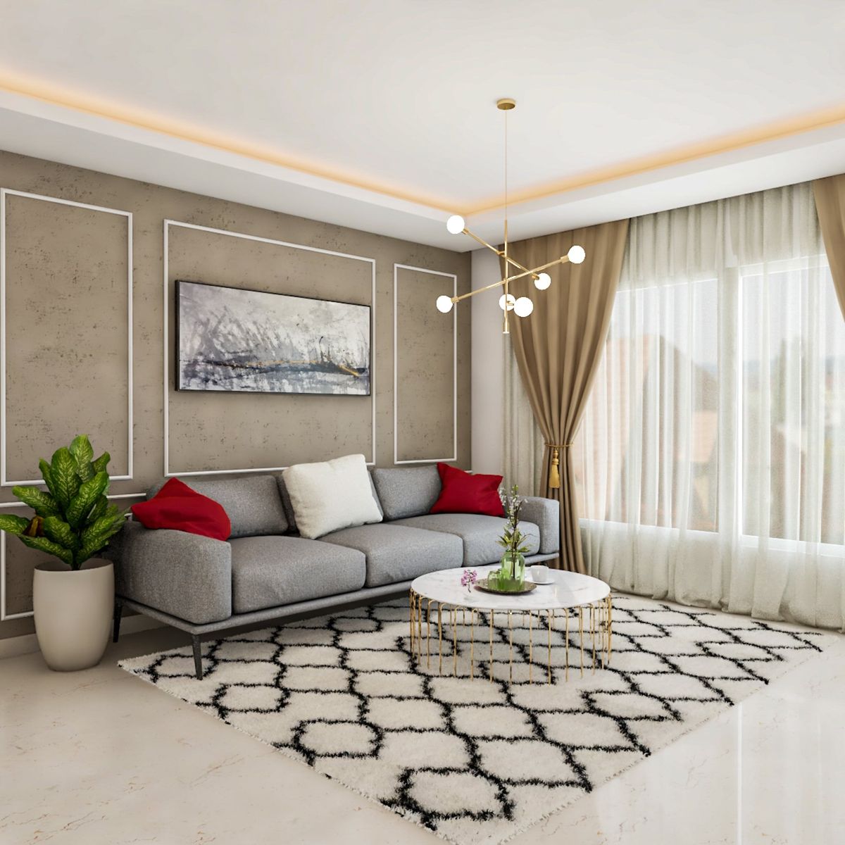 Compact Living Room Design With Wall Trims | Livspace