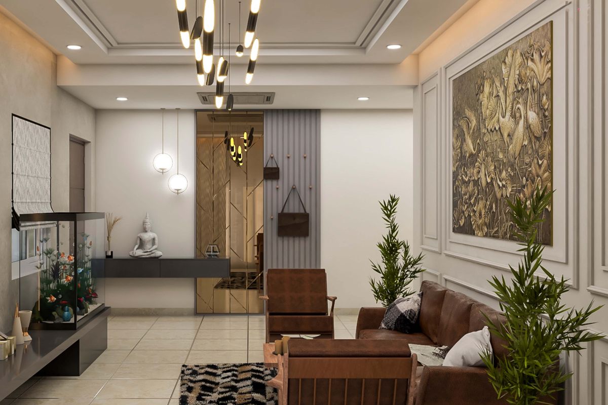 Modern Spacious Living Room Design With Wall Trims | Livspace