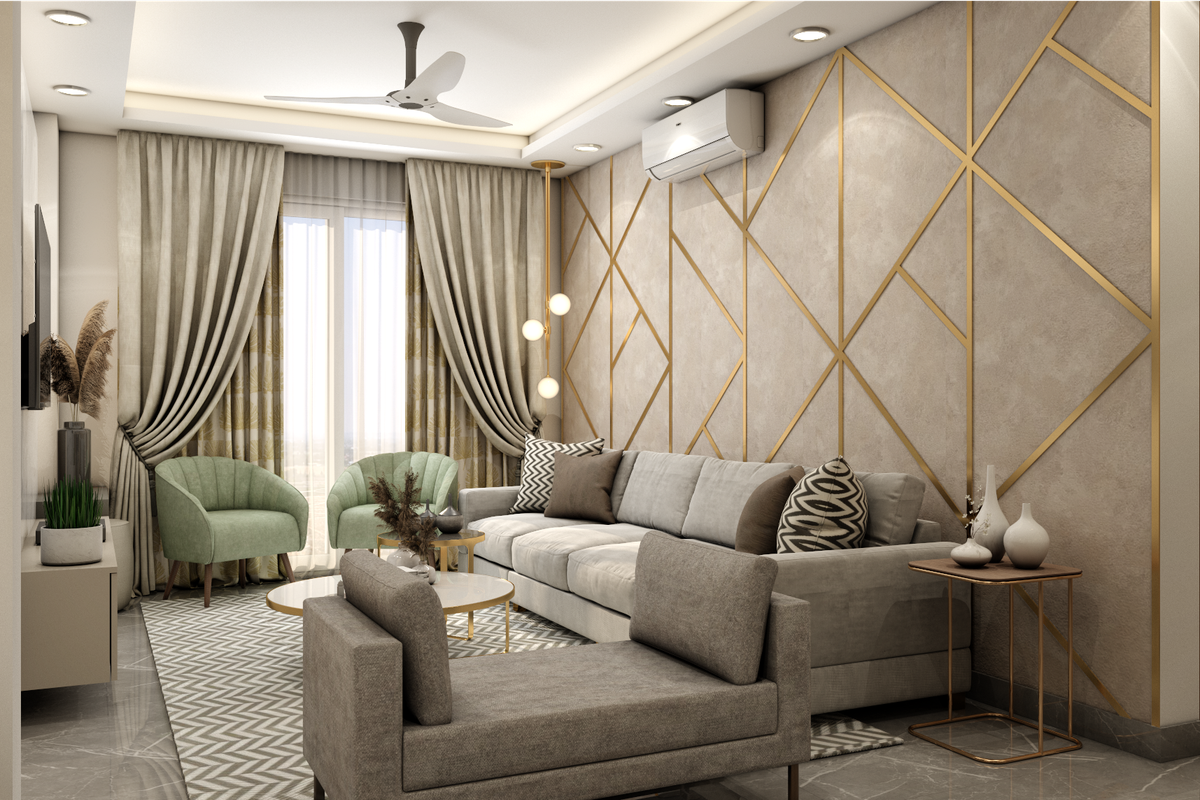 Spacious Grey And Beige Living Room Design For Rental Properties | Livspace