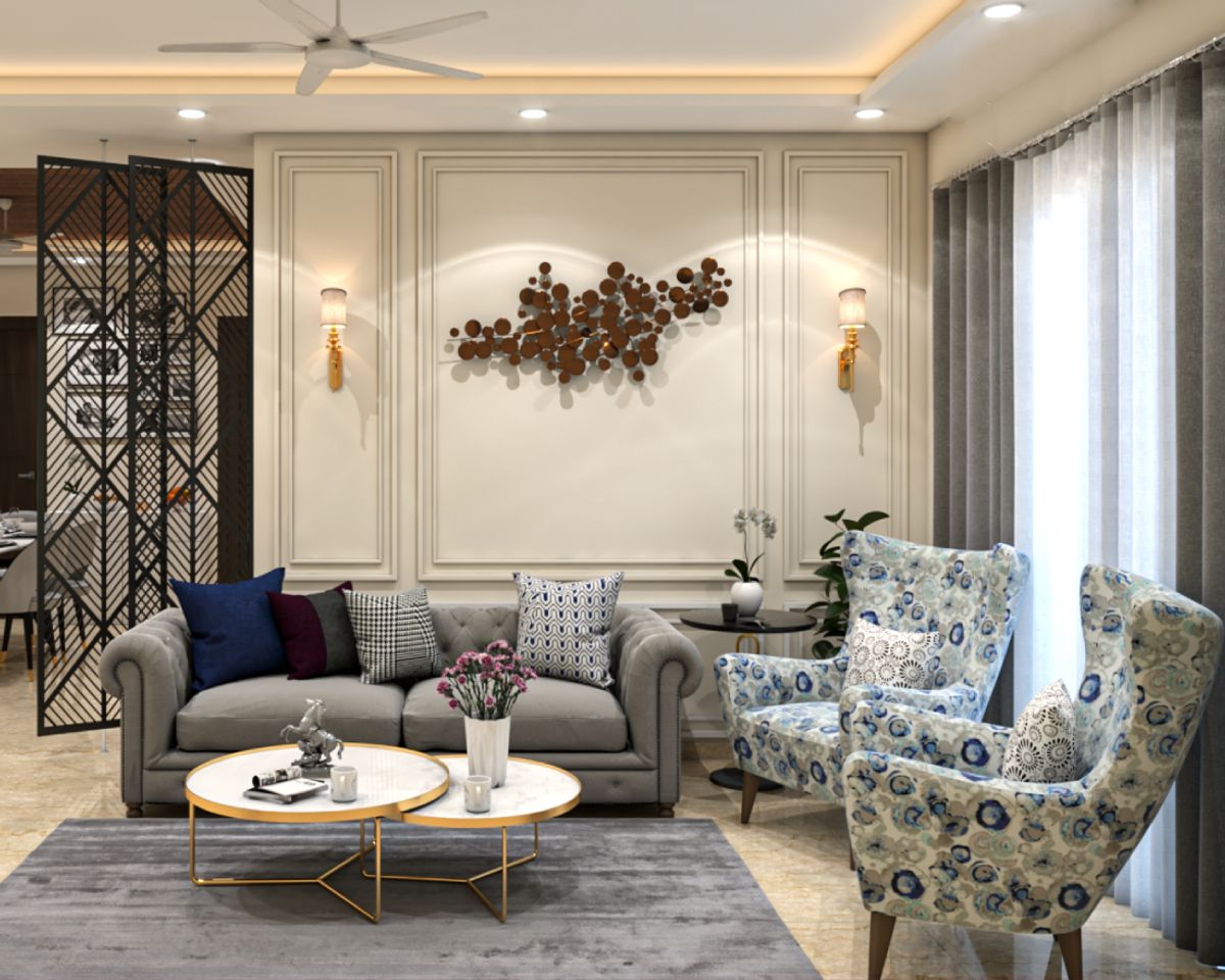 Spacious Living Room Design with White Trims And Floral Accent Chairs ...