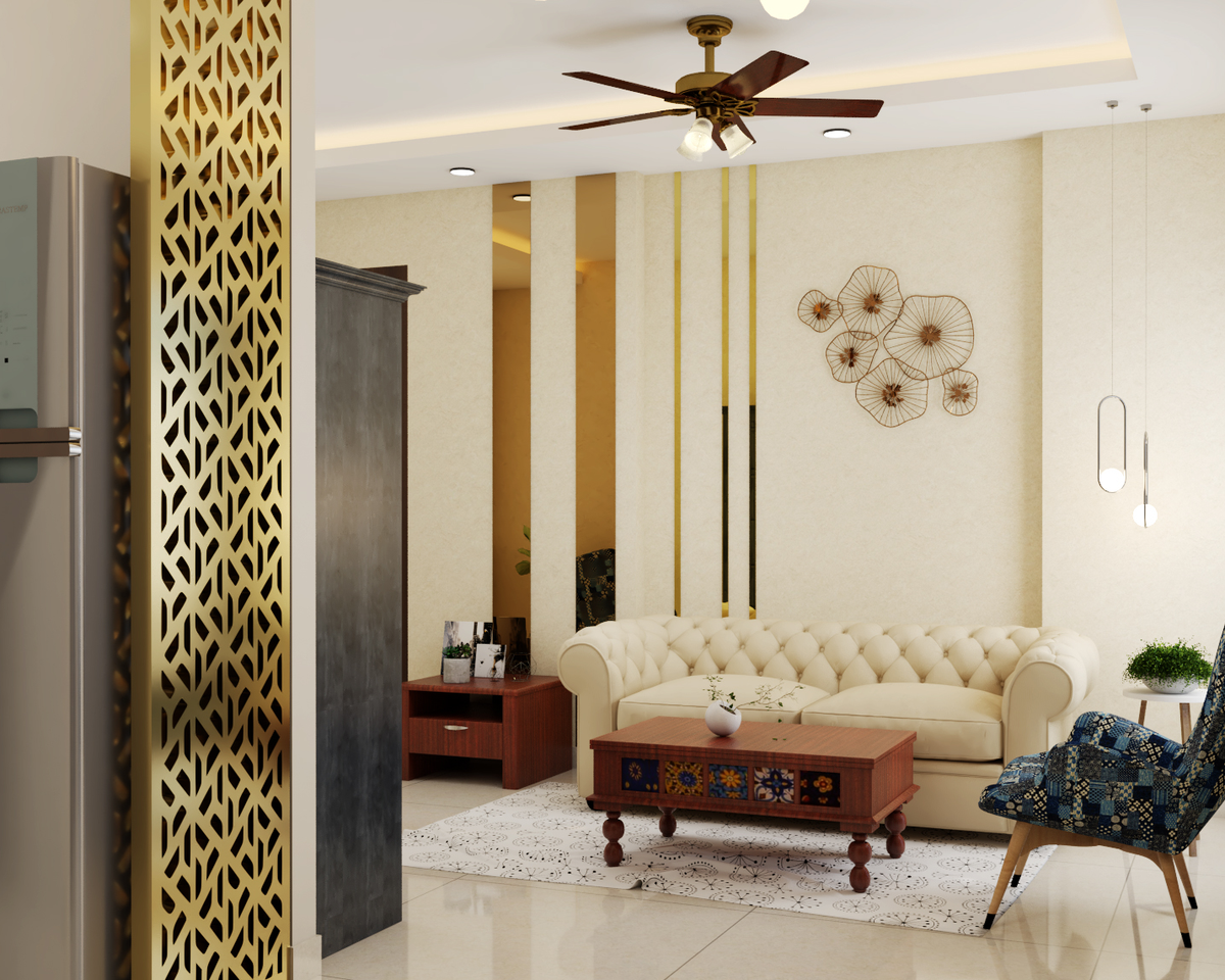 Beige And Gold Living Room Design For Rental Properties | Livspace