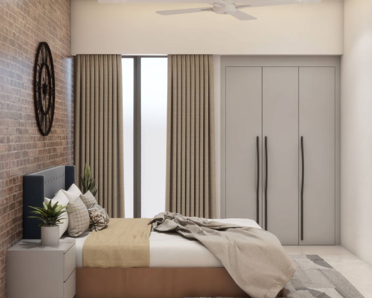 Compact Brick Themed Master Bedroom Design With Grey Finish | Livspace