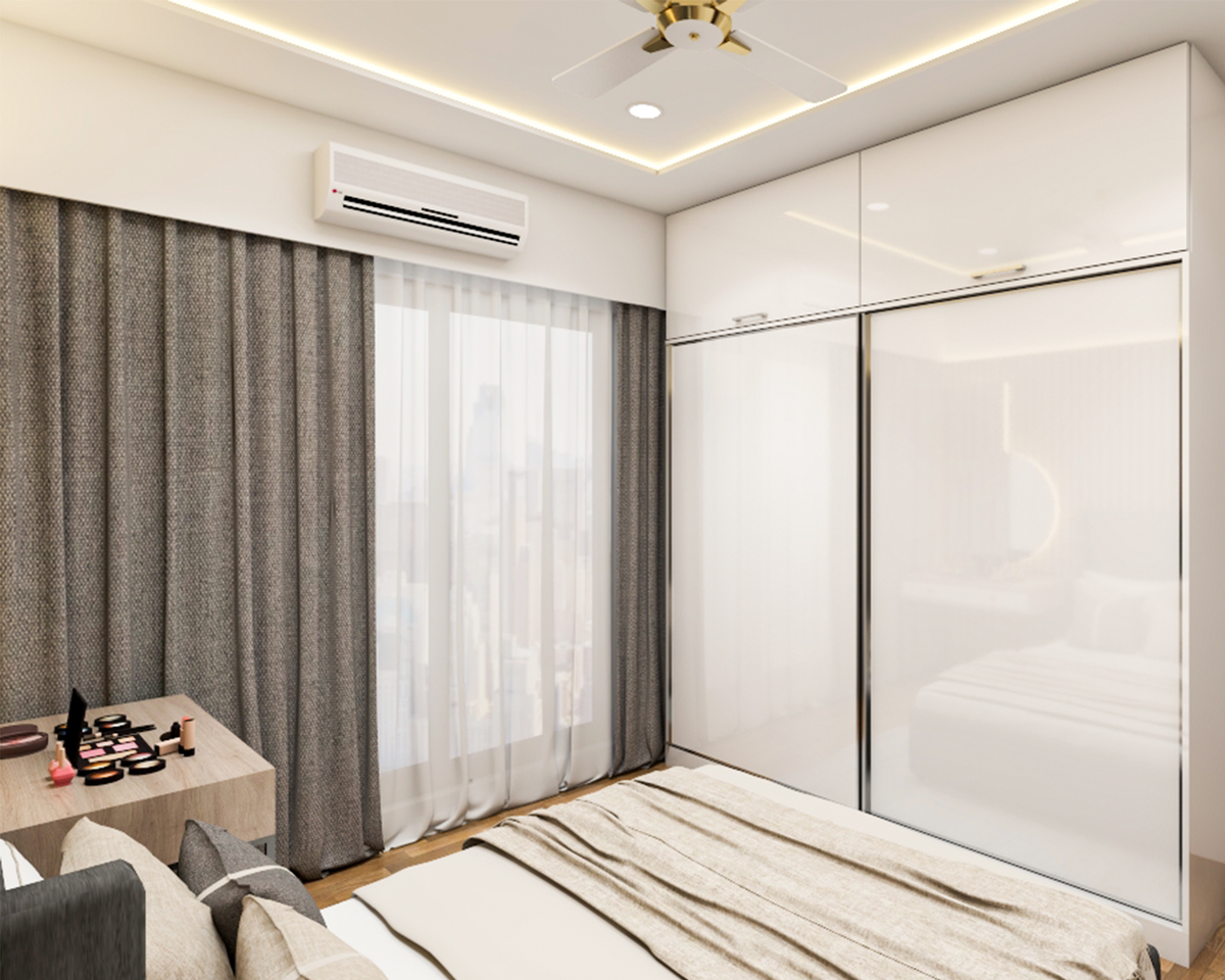 Contemporary Spacious Bedroom Design with A Dark Grey Bed | Livspace
