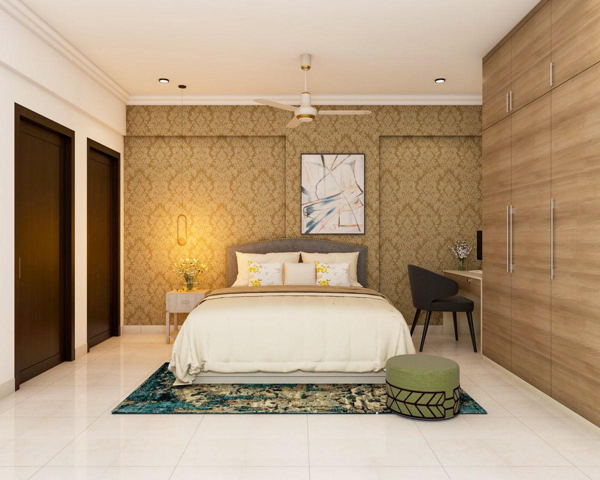 Master Bedroom Design With Damask Wallpaper And Study Unit | Livspace