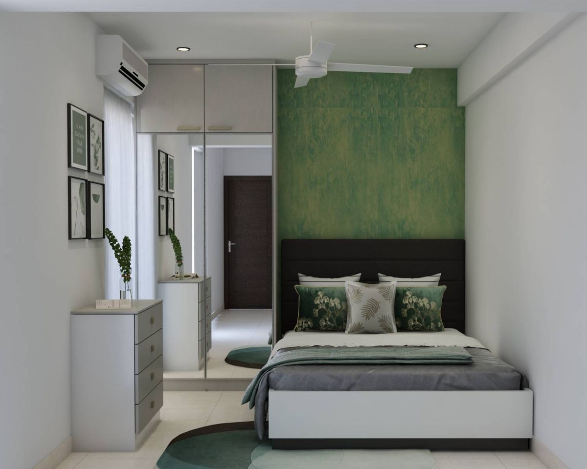 Compact Master Bedroom Design With Pale Grey Wardrobe | Livspace