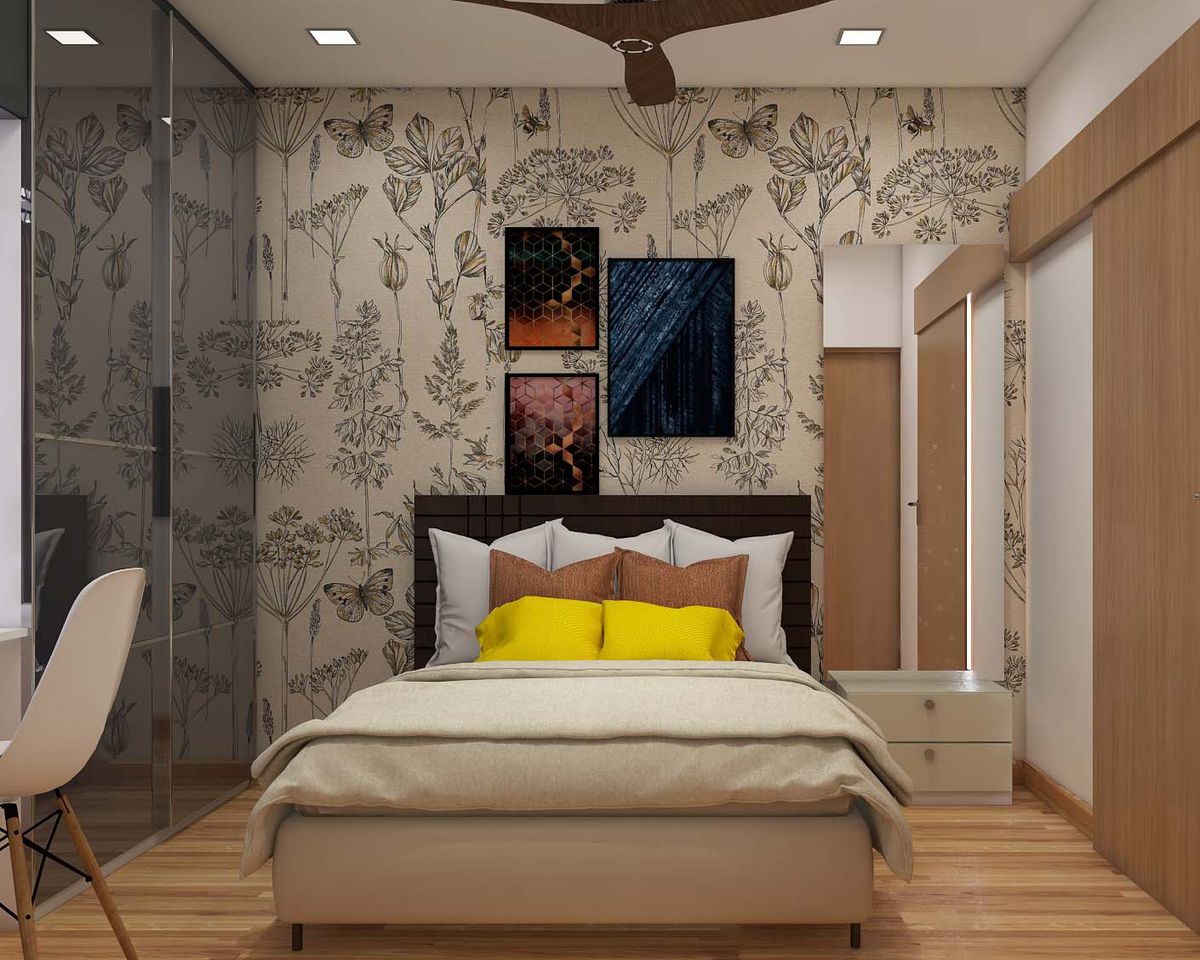 Spacious Master Bedroom Design With Beige Bed | Livspace