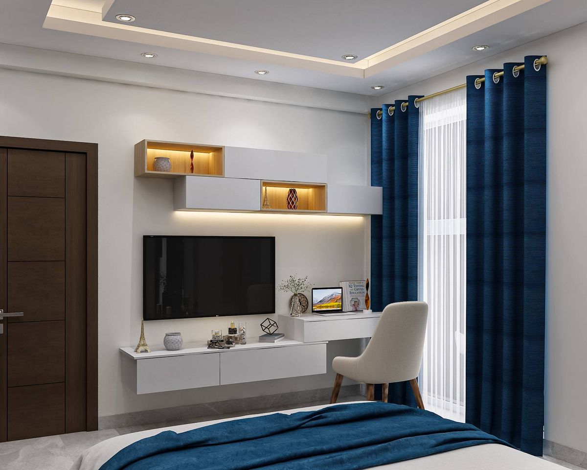 Spacious Master Bedroom Design With Off-White Tufted Accent Wall | Livspace