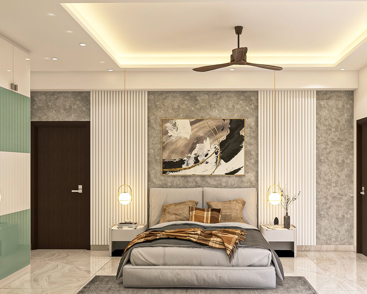 Compact Master Bedroom Design With Grey Wallpaper And Bordered Panels ...