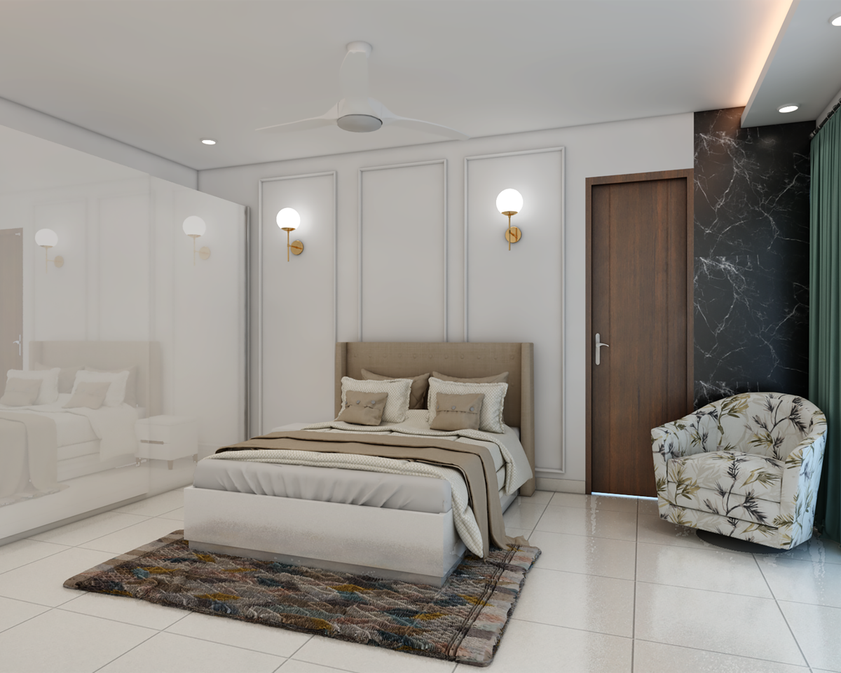 White Spacious Master Bedroom Design With Accent Chair | Livspace