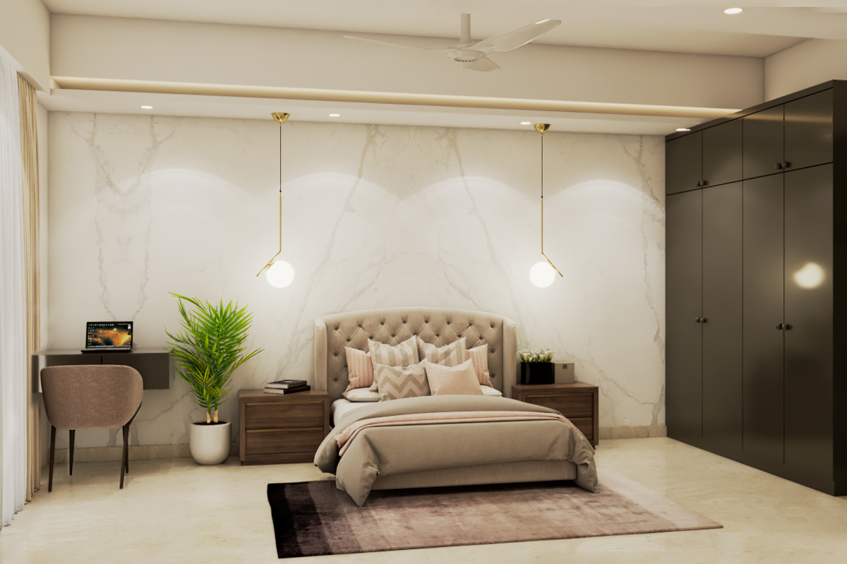 Spacious Master Bedroom Design With Beige Tufted Bed | Livspace