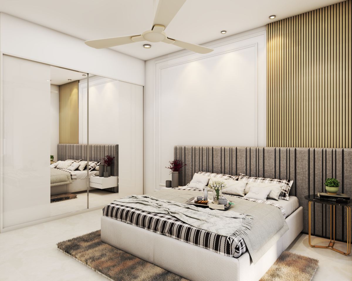Contemporary Master Bedroom Design With Grey Tufted Headboard | Livspace
