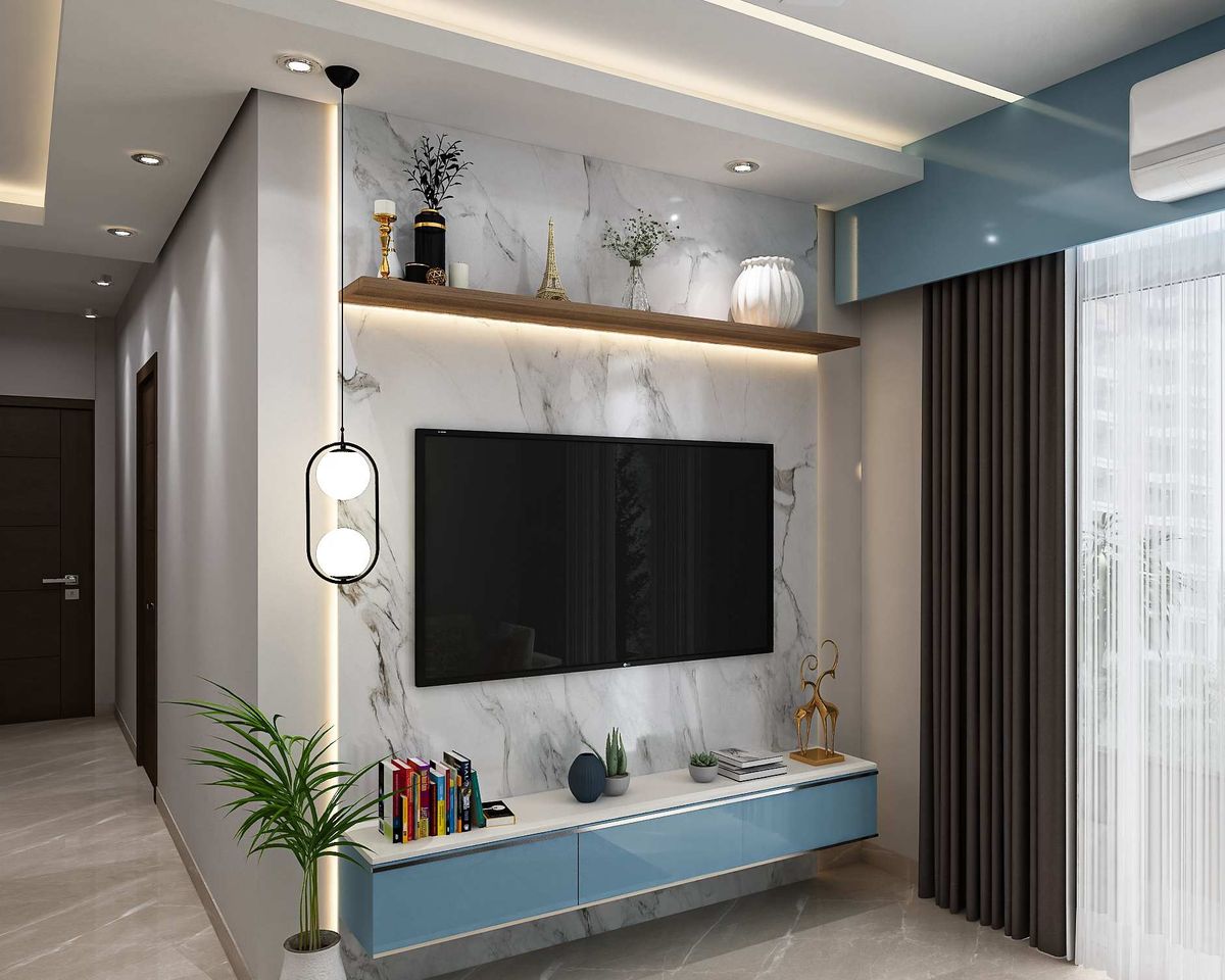 Contemporary TV Unit Design With Marble Wall Panels And Open Wooden ...