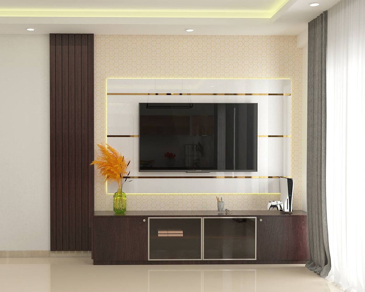Tv Unit Neutral Neutral Modern TV Unit Design With Wooden Console | Livspace