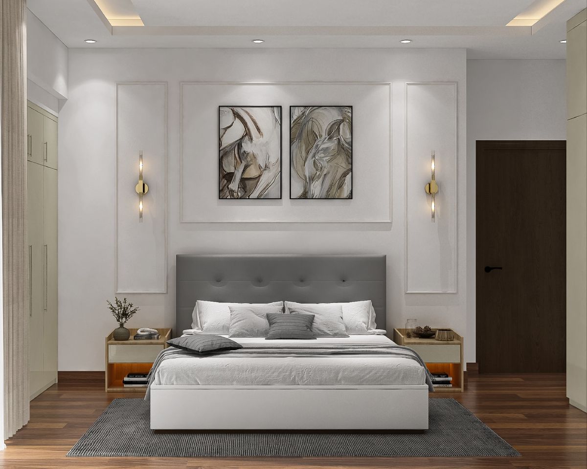 Stylish Classic Guest Bedroom Design with Queen Bed, White Wall Paint ...