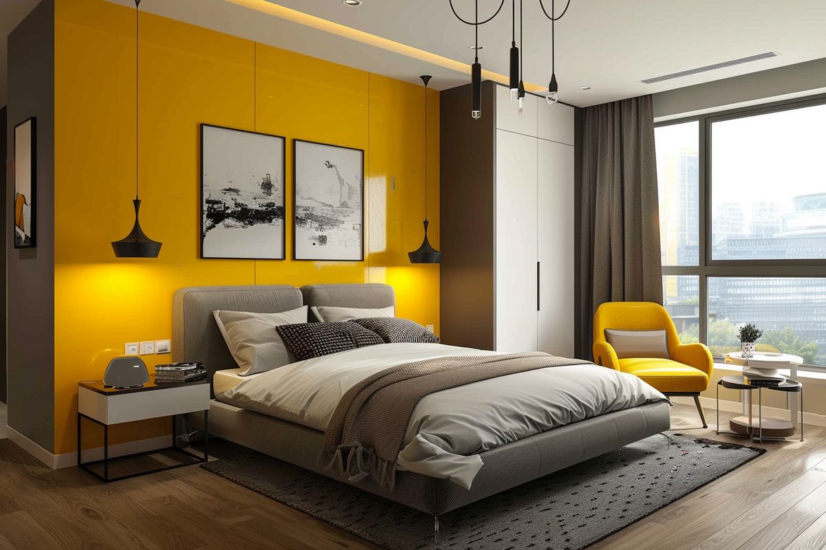 Grey King Bed, Yellow Walls, Chandelier Contemporary Master Bedroom