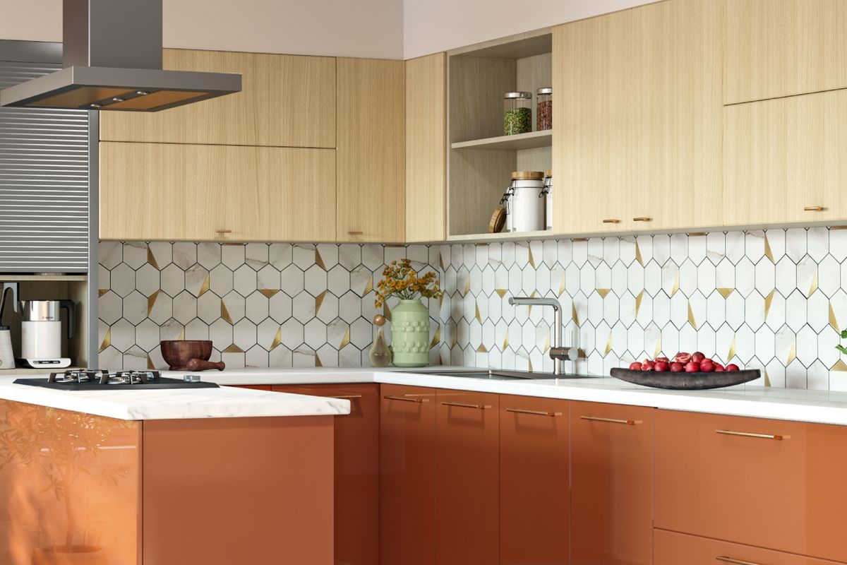 Glossy White and Golden Ceramic Tiles Design or Kitchens with Marble ...