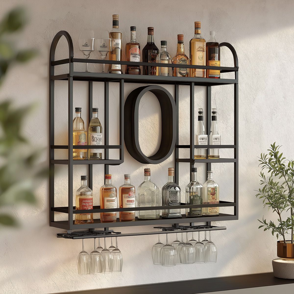 Decorative Bar Racks Modern Metal Frame Home Bar Design with Open Bottle Shelving and ...