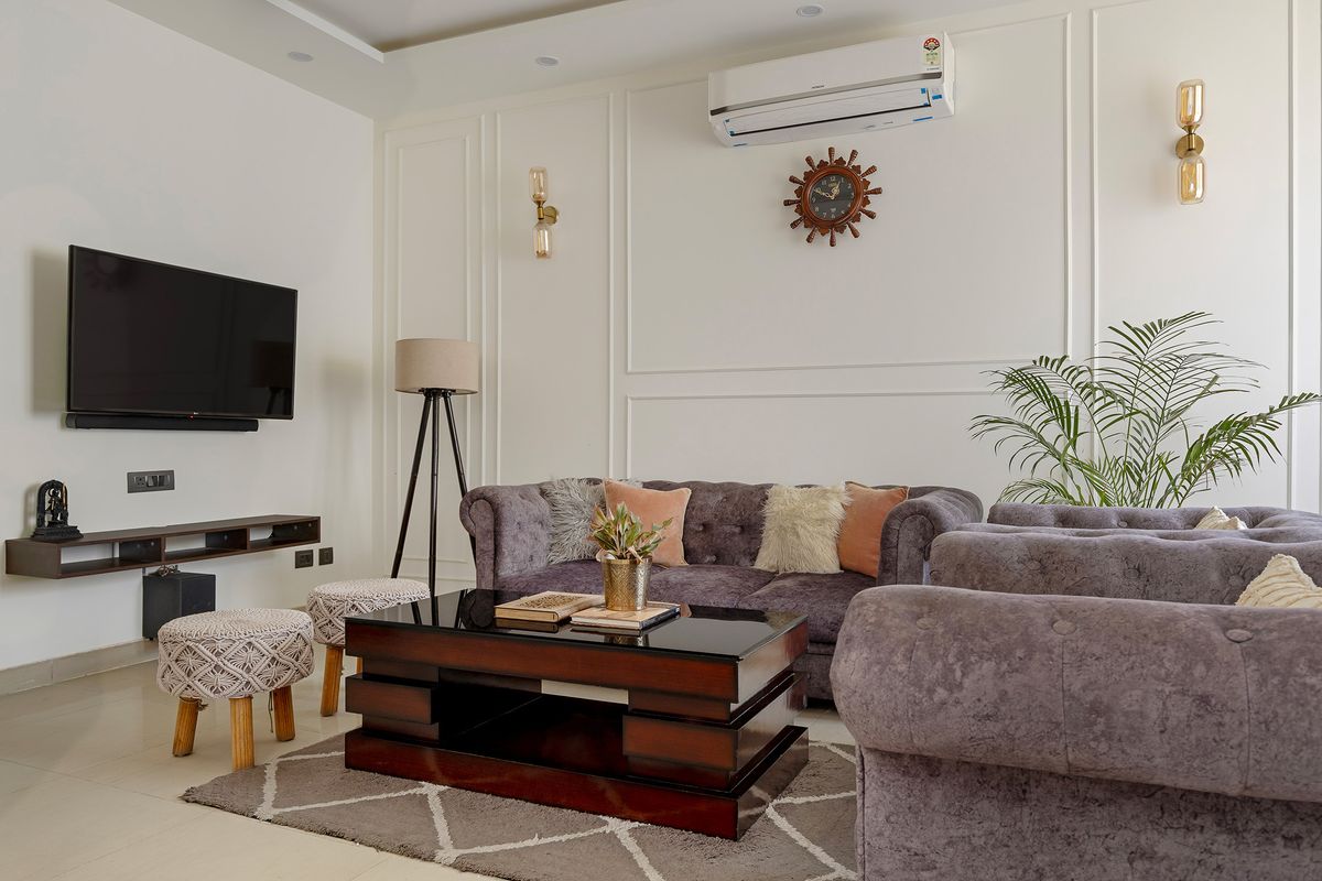 Living Room Design with Classic Three Tufted Velvet Sofas and Large ...