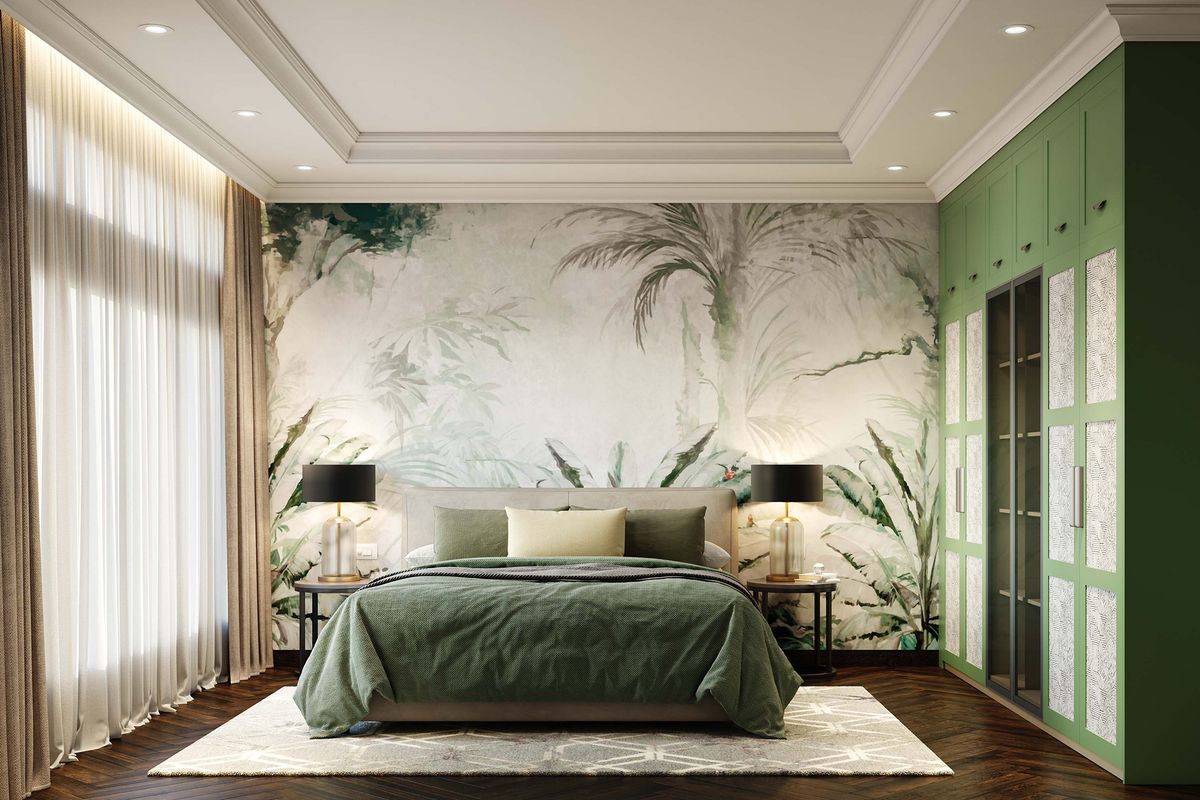 Photo inspiration: Gallery Detail: Master Bedroom Design With Contemporary Tufted Bed Green Wardrobe And