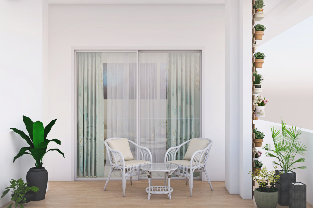 White Spacious Modern Balcony Design with Planters | Livspace