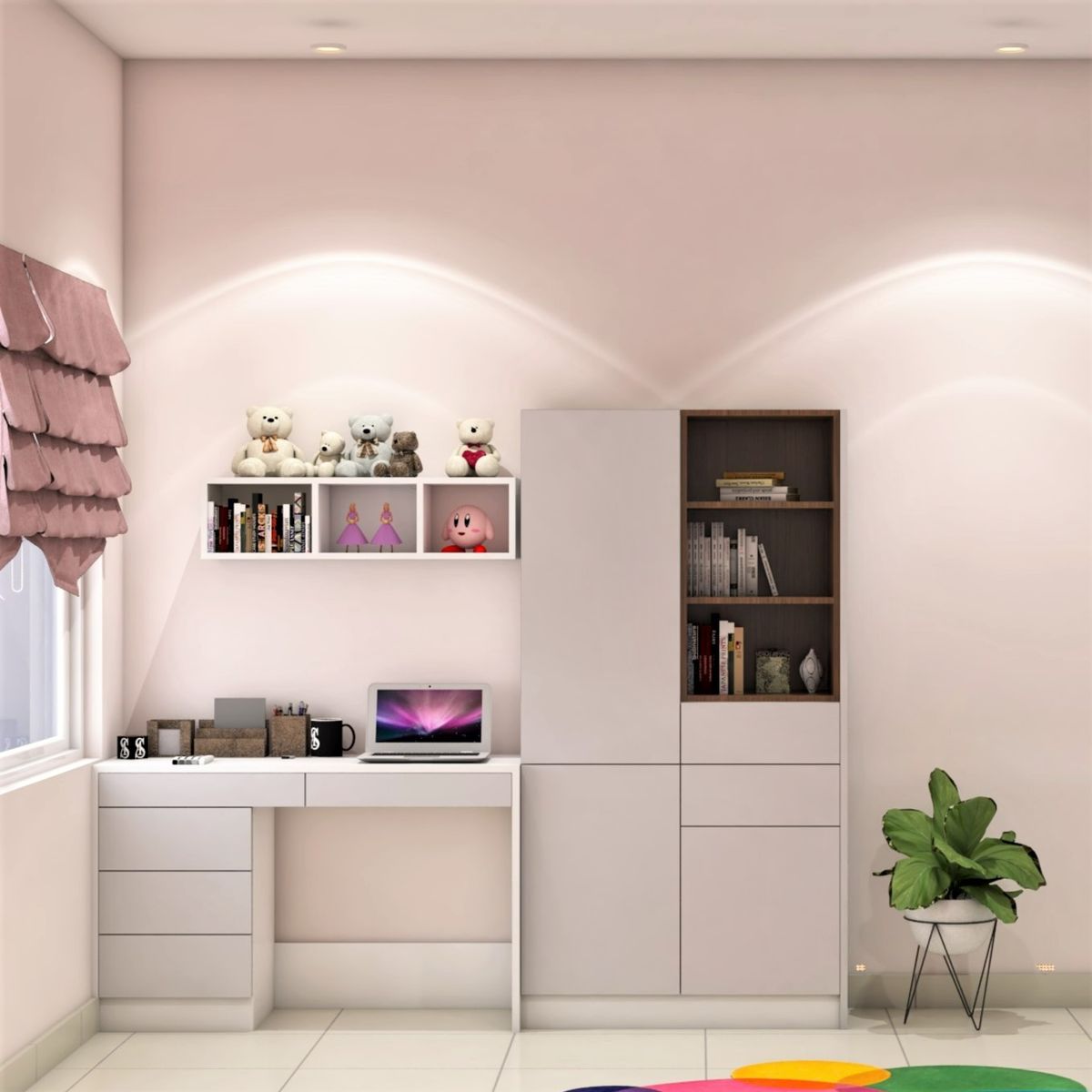 Spacious Study Table Design With Shabby Chic Pink Interiors | Livspace