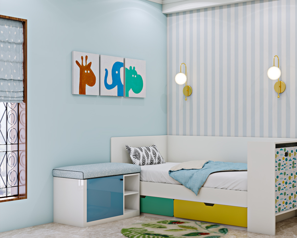 Blue-Themed Kids Bedroom with Minimalistic Furniture and Study | Livspace