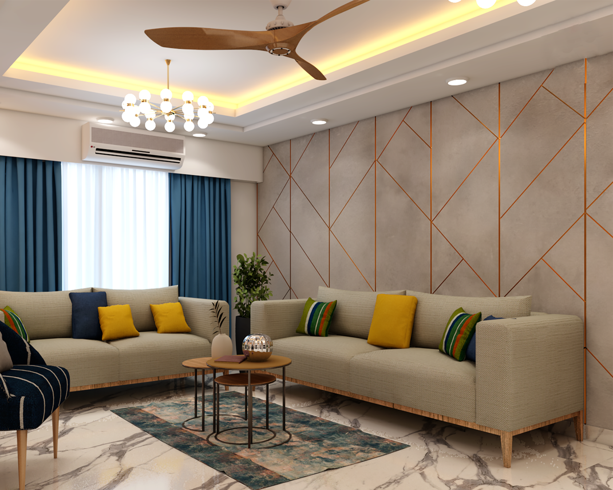 Contemporary Compact Living Room Design with Accent Wall and Chandelier ...