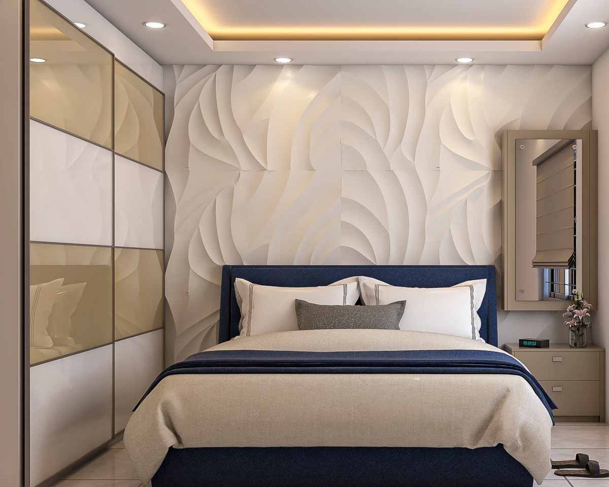 Contemporary Compact Master Bedroom Design with Textured Wall | Livspace