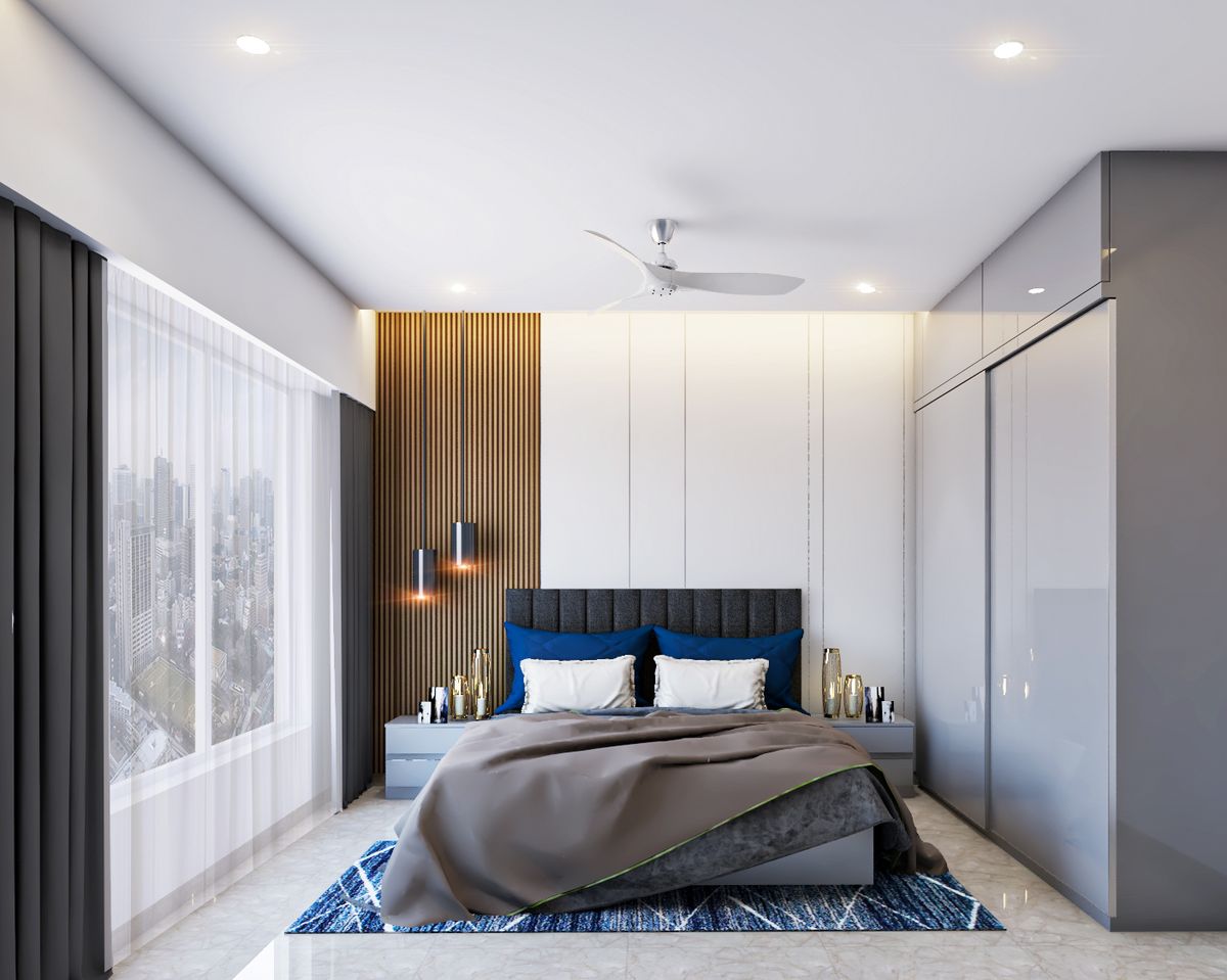 Spacious Blue And White Master Bedrom With Wall Design | Livspace