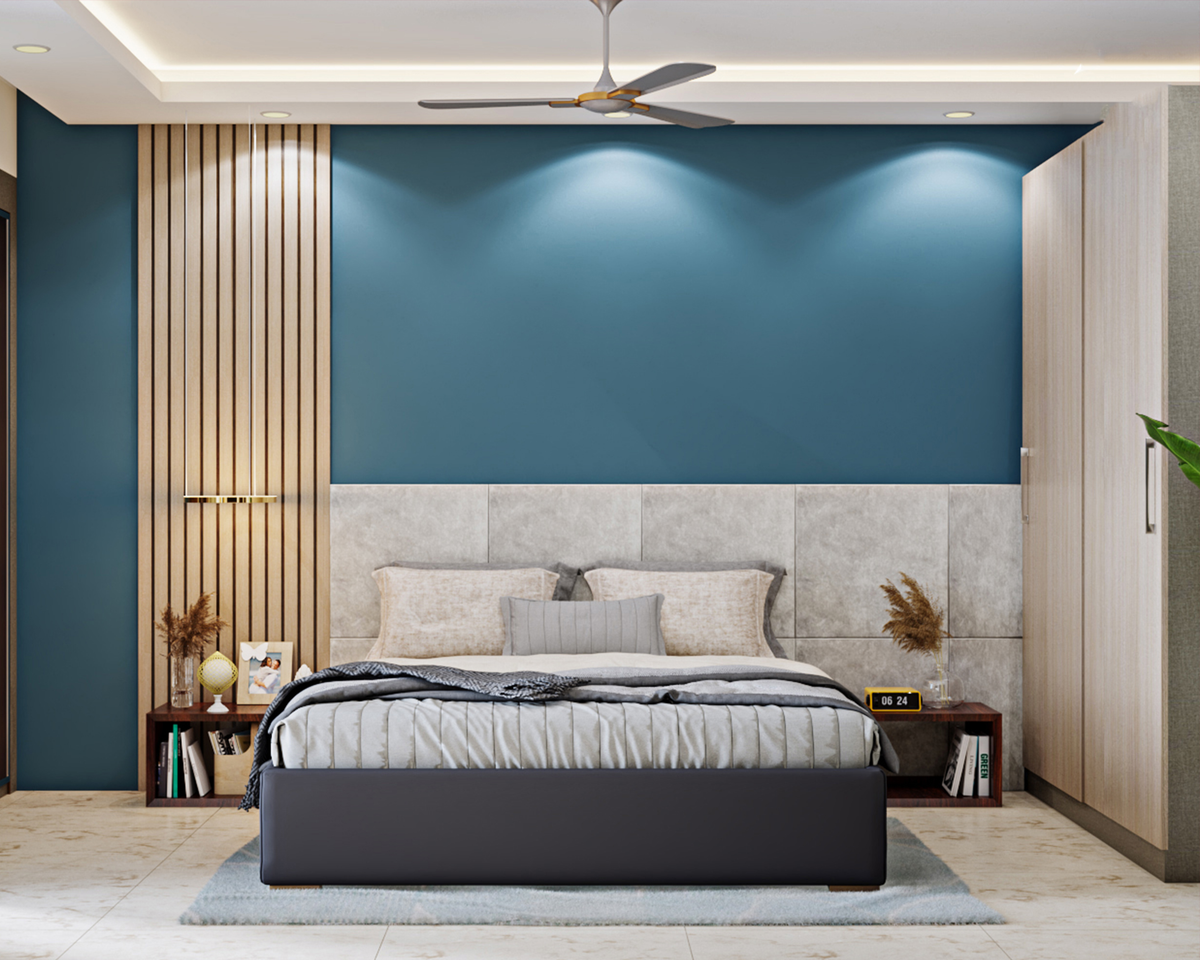 Spacious Dark Blue Master Bedroom Design With Beige Tufted Headboard ...