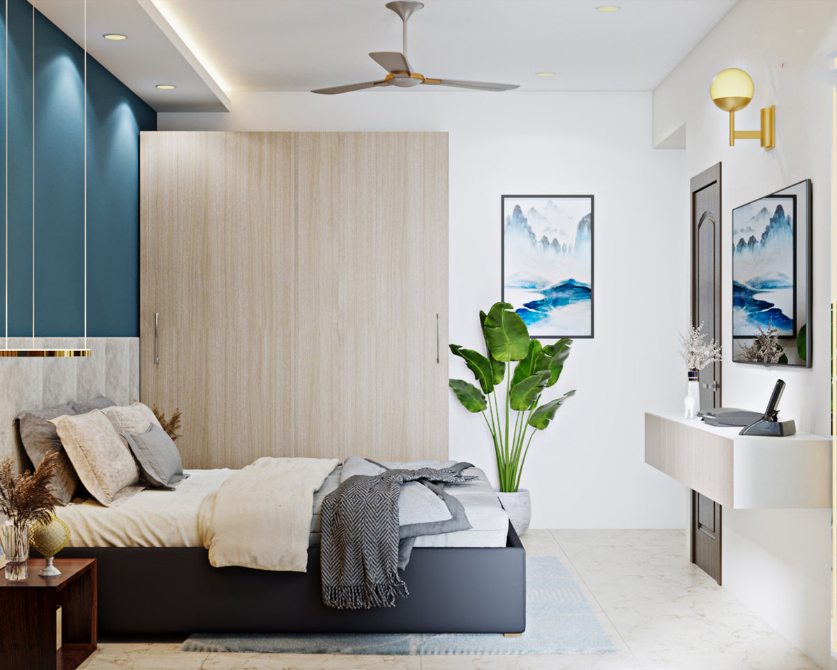 Spacious Dark Blue Master Bedroom Design With Beige Tufted Headboard ...