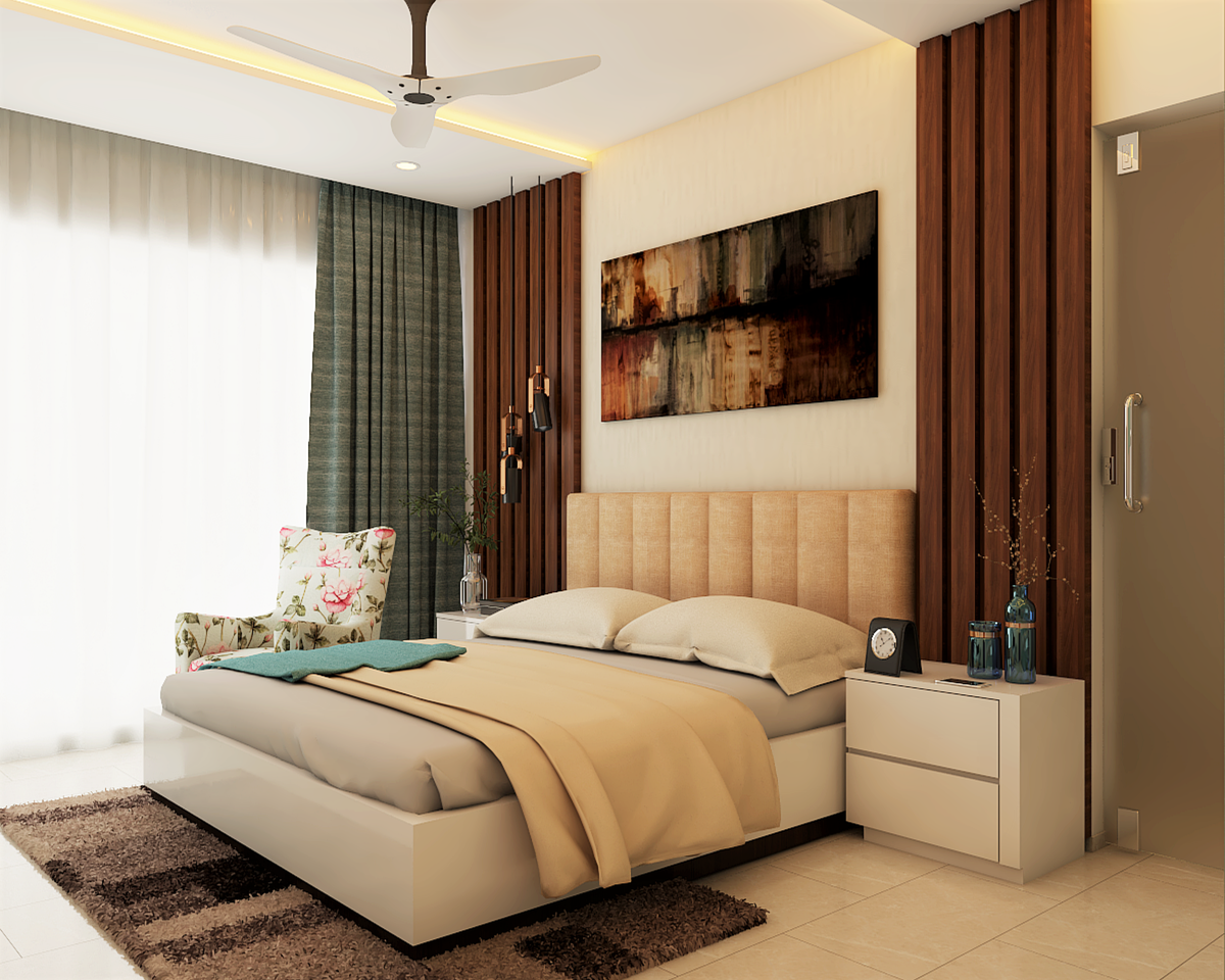 Spacious Cream Master Bedroom With Wooden Panelling And Wall Art | Livspace