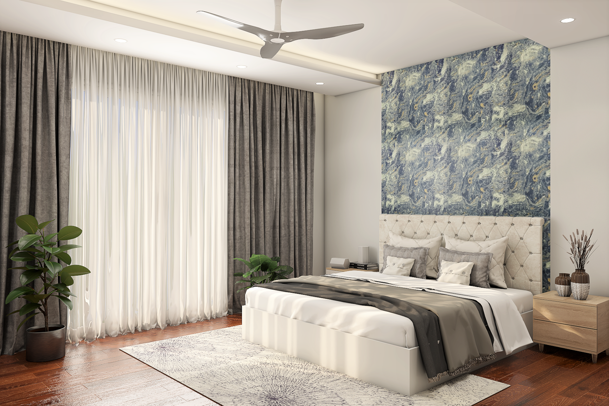 Spacious White And Blue Bedroom Design With Textured Wallpaper | Livspace