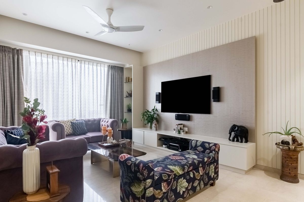 UShaped Contemporary Living Room Design With Purple And Dark Blue