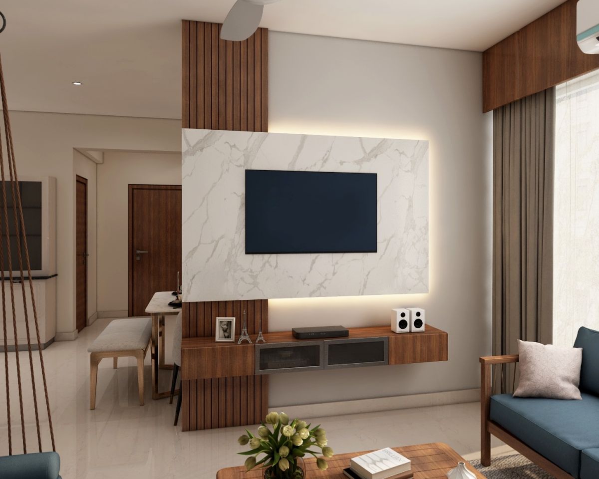 Brown And White TV Unit Design With Marble Backpanel | Livspace