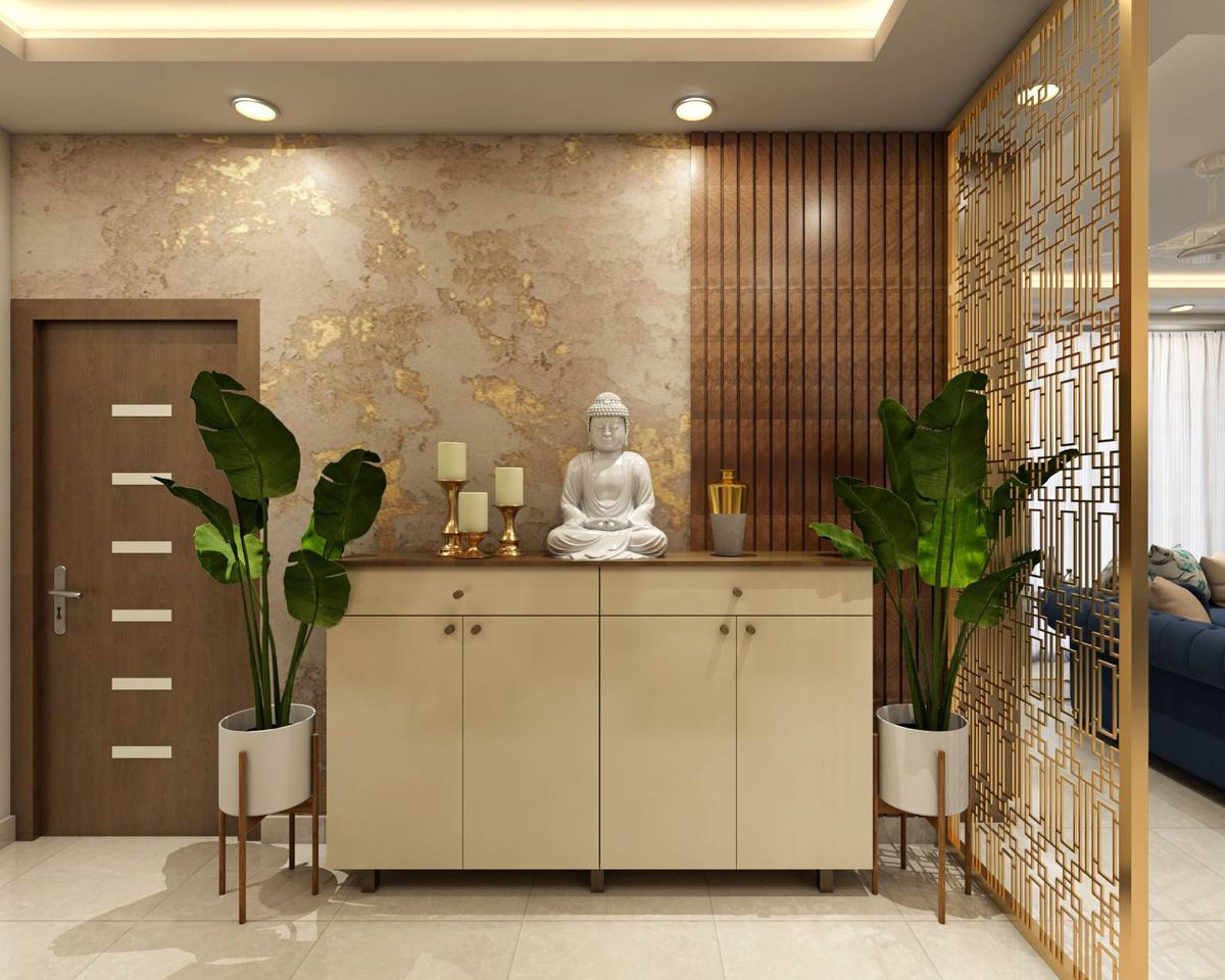 Contemporary Foyer Design with Beige and Golden Accents | Livspace